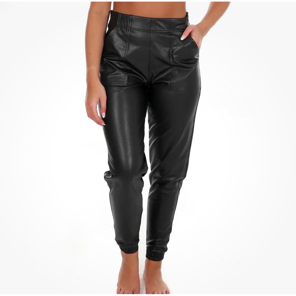 Spanx Small Black Leather Like Jogger Pants ~ Faux Elastic Waist Modern Chic